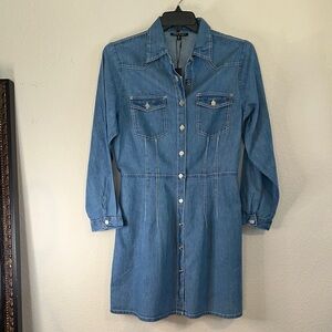 Blue Denim Notched Collar Cuffed Sleeve Shirt Dress